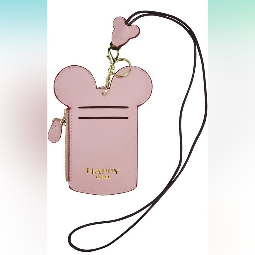 NEW Be Happy Pink Lanyard Cute PU Leather ID Holder & Coin Pouch Disney Travel